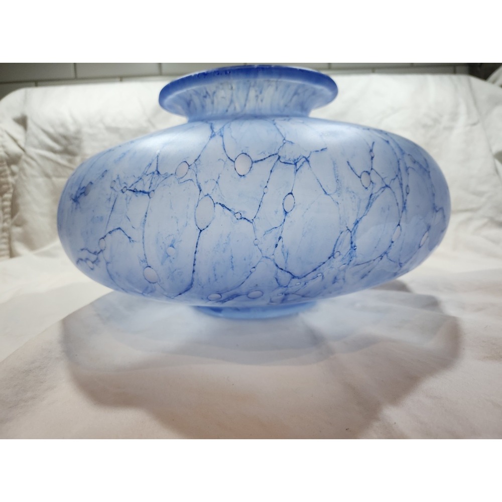 Vintage Aqua Blue Art Glass White Vase 7" Tall, 12" Dia.